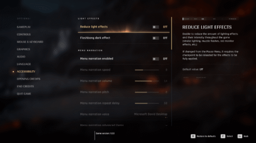 Accessibility screenshot of 007 First Light video game interface.