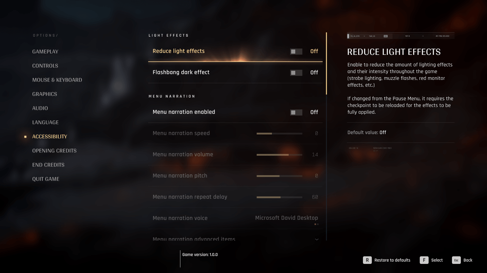 Accessibility screenshot of 007 First Light video game interface.