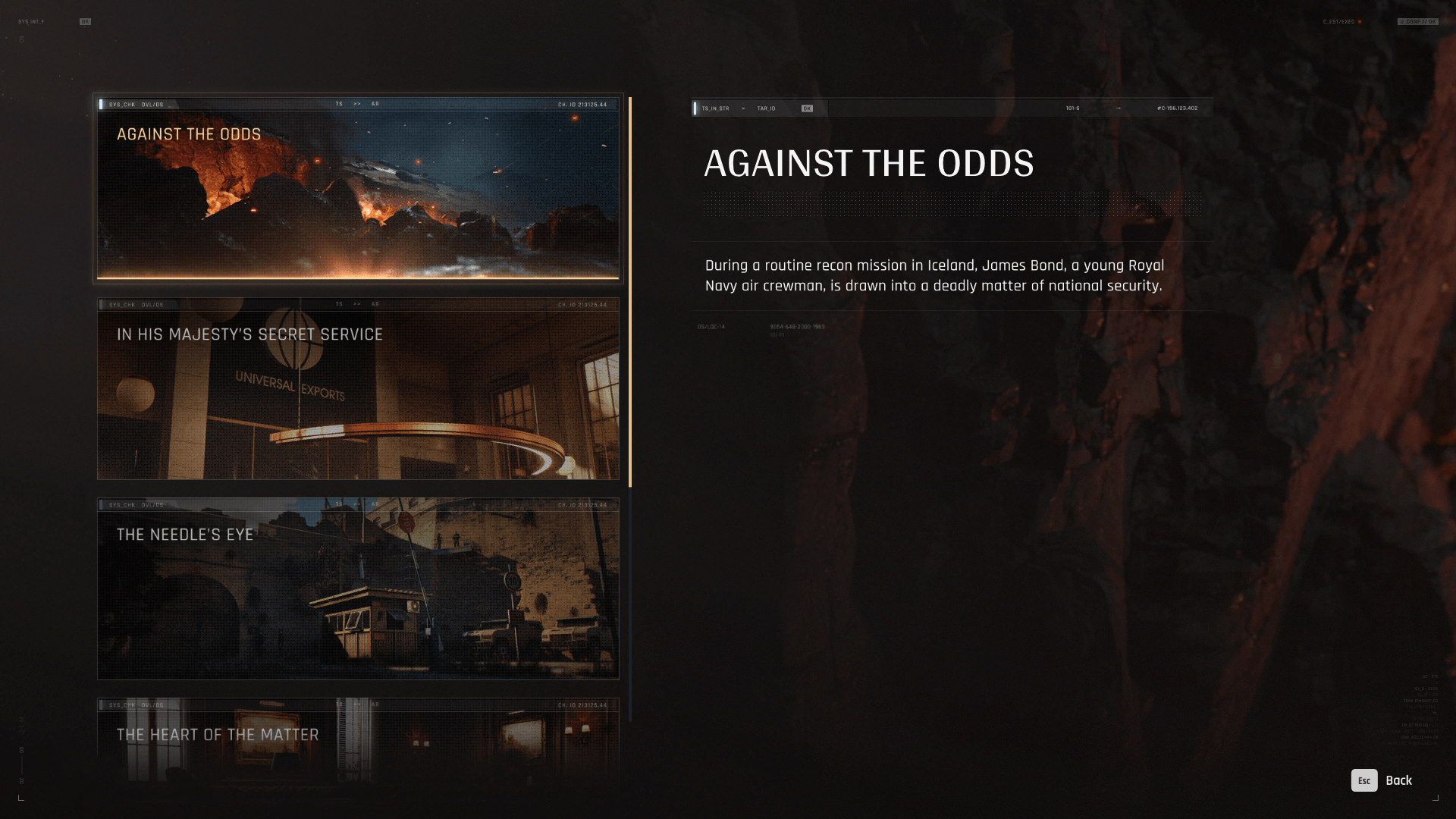 Chapter Selection screenshot of 007 First Light video game interface.