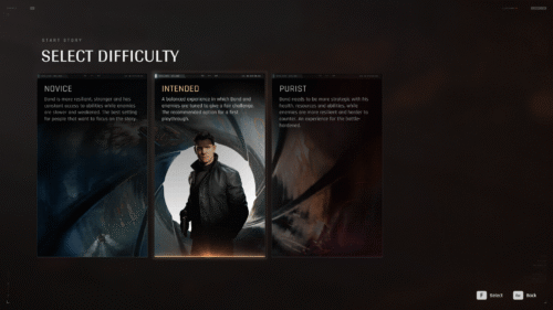 Difficulty Selection screenshot of 007 First Light video game interface.
