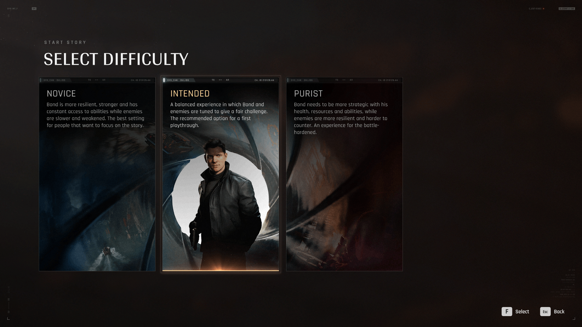 Difficulty Selection screenshot of 007 First Light video game interface.