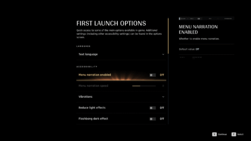 First Launch Options screenshot of 007 First Light video game interface.