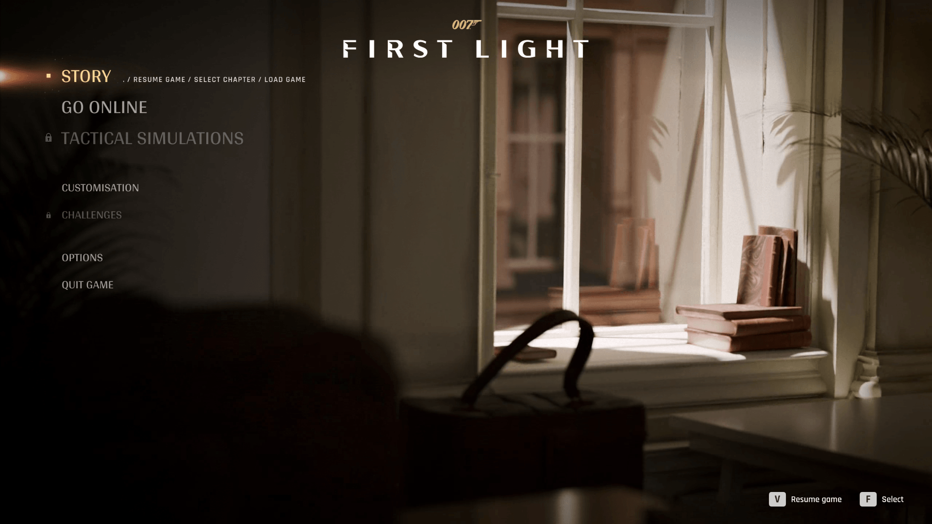 Main Menu screenshot of 007 First Light video game interface.