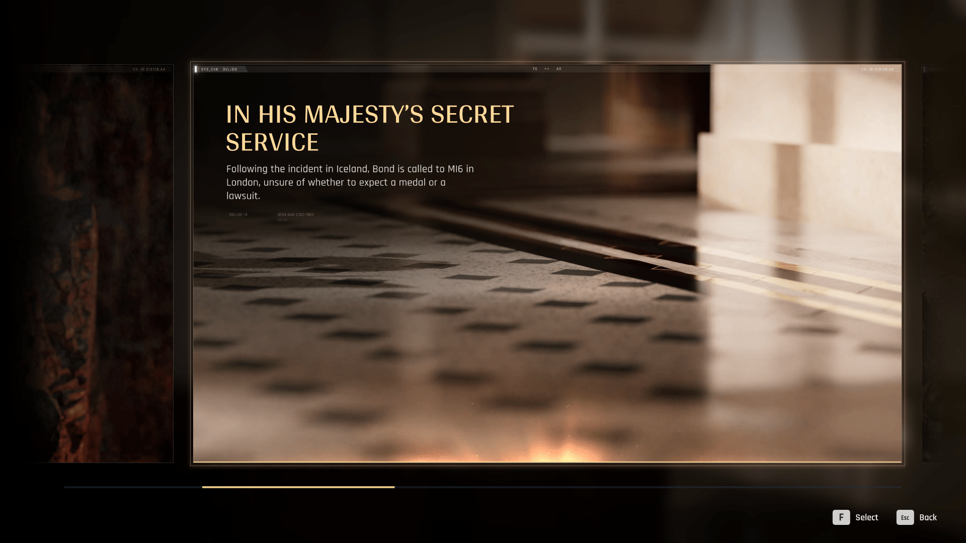 Chapter Selection screenshot of 007 First Light video game interface.