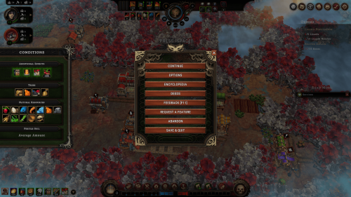 Pause screenshot of Against the Storm video game interface.