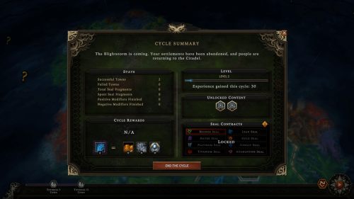 Result Screen screenshot of Against the Storm video game interface.