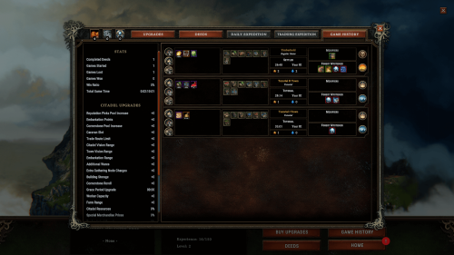 Stats screenshot of Against the Storm video game interface.