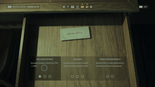 Words of Fix screenshot of Alan Wake II video game interface.