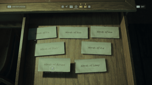 Writer's Room screenshot of Alan Wake II video game interface.
