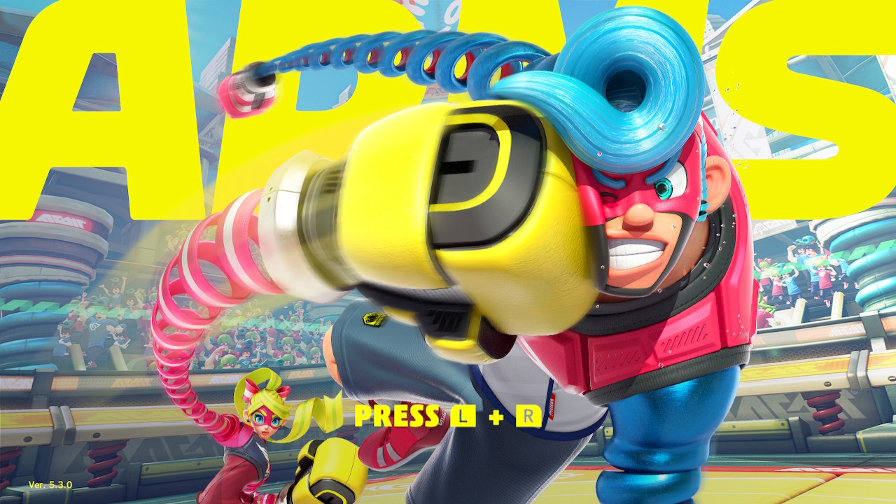 Start screen screenshot of ARMS video game interface.
