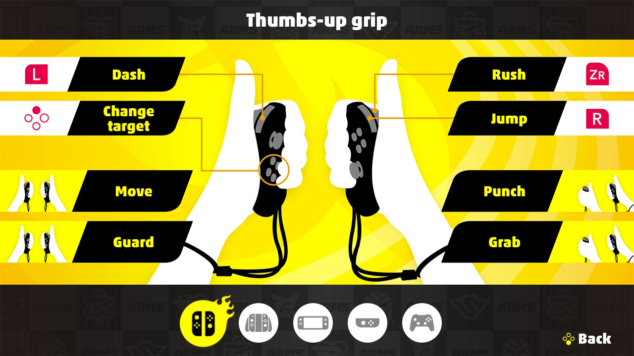 Thumbs-up grip screenshot of ARMS video game interface.