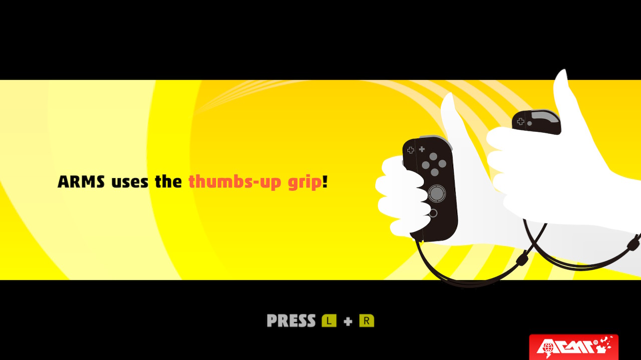 Uses the thumbs-up grip screenshot of ARMS video game interface.