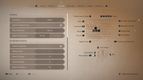 Controls screenshot of Assassin’s Creed Mirage video game interface.