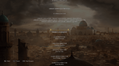 Credits screenshot of Assassin’s Creed Mirage video game interface.