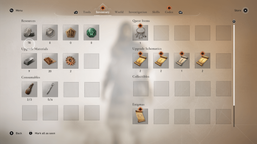 Inventory screenshot of Assassin’s Creed Mirage video game interface.