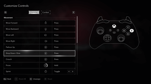 Controls screenshot of Assassin’s Creed Shadows video game interface.