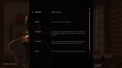Conversation Log screenshot of Assassin’s Creed Shadows video game interface.