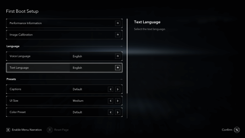 First Boot Settings screenshot of Assassin’s Creed Shadows video game interface.