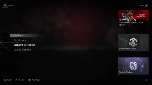 Main Menu screenshot of Assassin’s Creed Shadows video game interface.