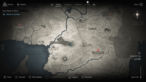 Map screenshot of Assassin’s Creed Shadows video game interface.