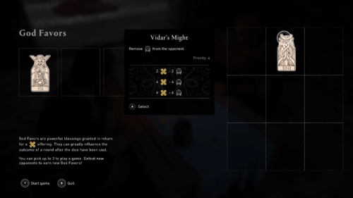 God favors screenshot of Assassin’s Creed Valhalla video game interface.