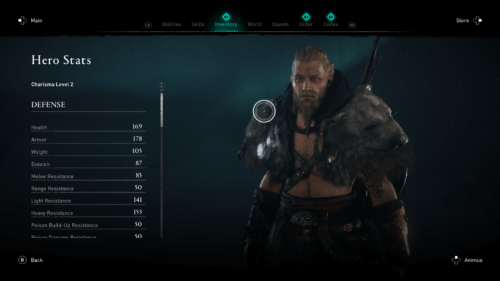 Hero stats screenshot of Assassin’s Creed Valhalla video game interface.