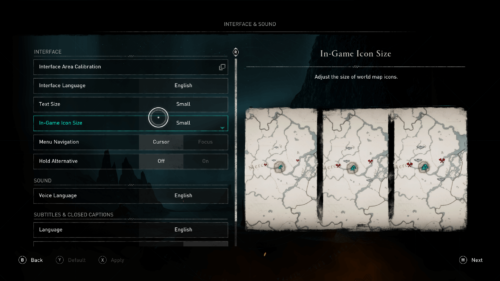 Interface and sound screenshot of Assassin’s Creed Valhalla video game interface.