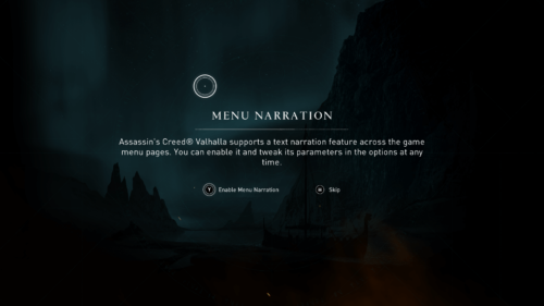 Menu narration screenshot of Assassin’s Creed Valhalla video game interface.