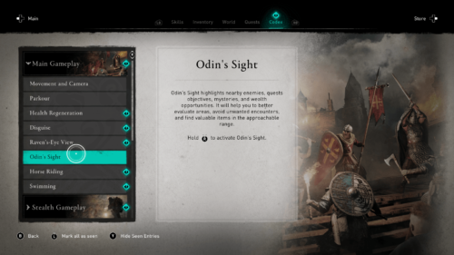 Odin's Sight codex screenshot of Assassin’s Creed Valhalla video game interface.