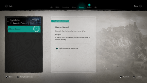 Quests screenshot of Assassin’s Creed Valhalla video game interface.