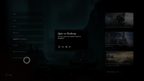 Quit to desktop screenshot of Assassin’s Creed Valhalla video game interface.