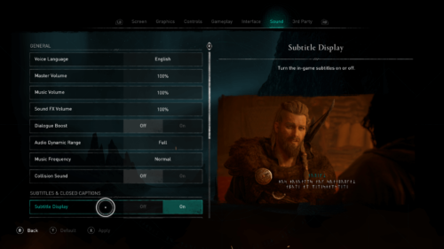 Sound screenshot of Assassin’s Creed Valhalla video game interface.