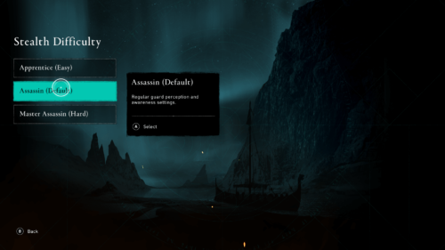 Stealth difficulty screenshot of Assassin’s Creed Valhalla video game interface.