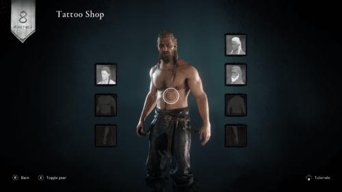 Tattoo shop screenshot of Assassin’s Creed Valhalla video game interface.