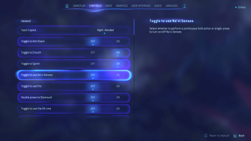 Controls screenshot of Avatar: Frontiers of Pandora video game interface.