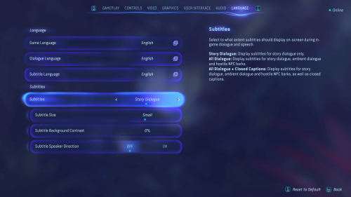 Language screenshot of Avatar: Frontiers of Pandora video game interface.