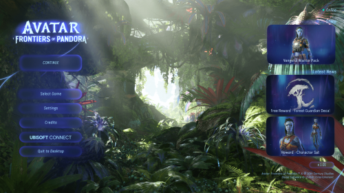 Main Menu screenshot of Avatar: Frontiers of Pandora video game interface.