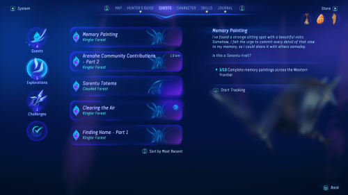 Quest screenshot of Avatar: Frontiers of Pandora video game interface.