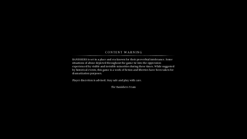 Content Warning screenshot of Banishers: Ghosts of New Eden video game interface.
