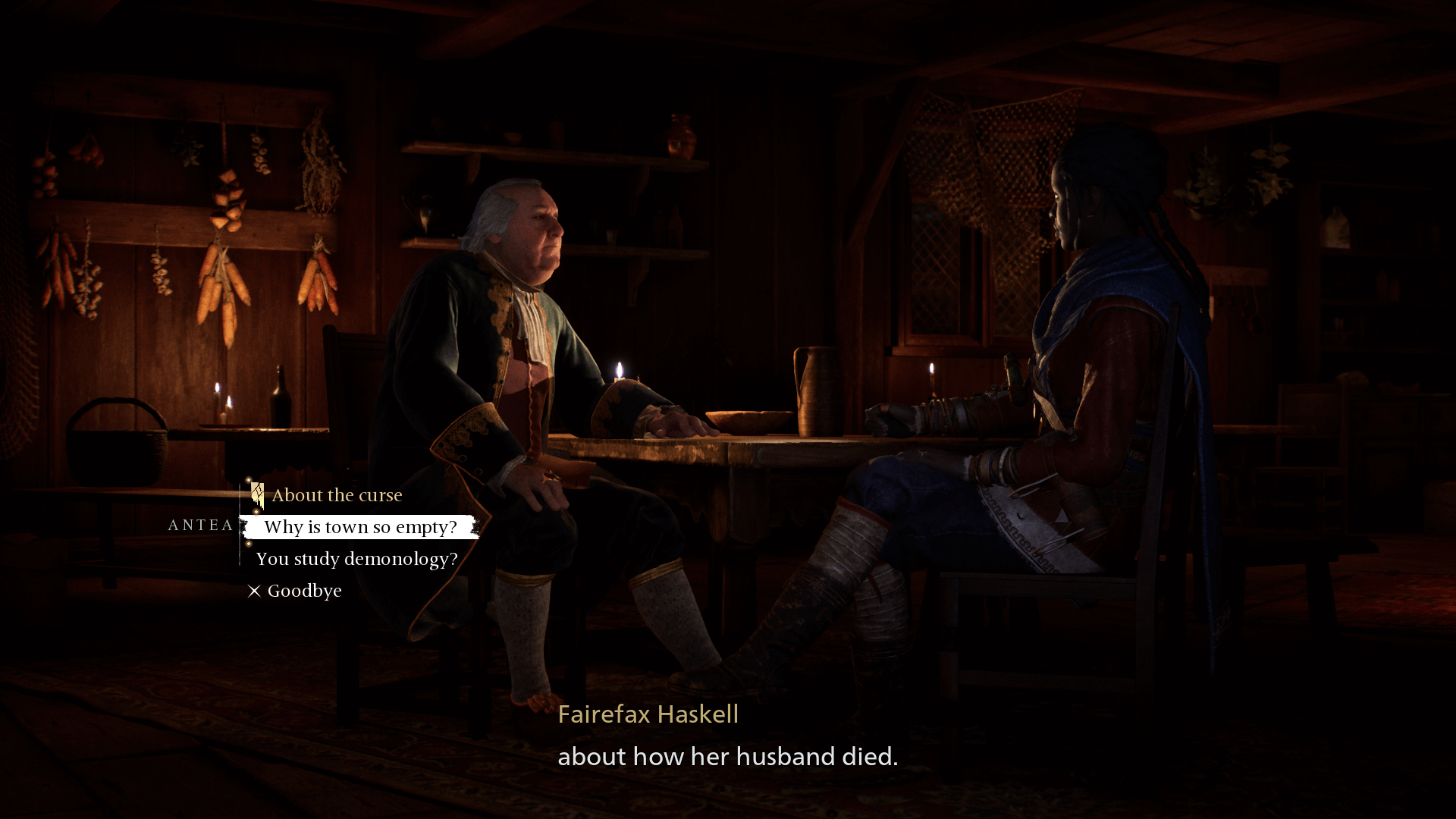 Dialogue screenshot of Banishers: Ghosts of New Eden video game interface.