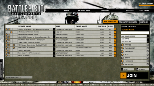 Vietnam server browser screenshot of Battlefield: Bad Company 2 video game interface.