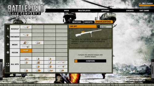 Vietnam specializations screenshot of Battlefield: Bad Company 2 video game interface.