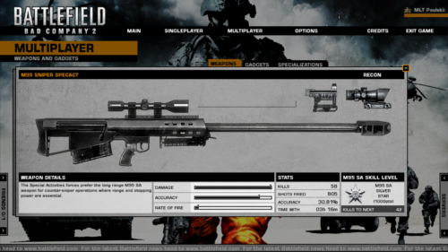 Weapon details screenshot of Battlefield: Bad Company 2 video game interface.