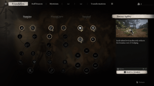 Skill Tree screenshot of Black Myth: Wukong video game interface.