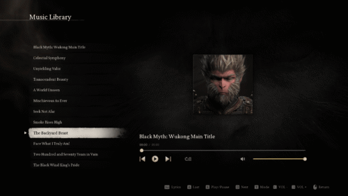 Music Library screenshot of Black Myth: Wukong video game interface.