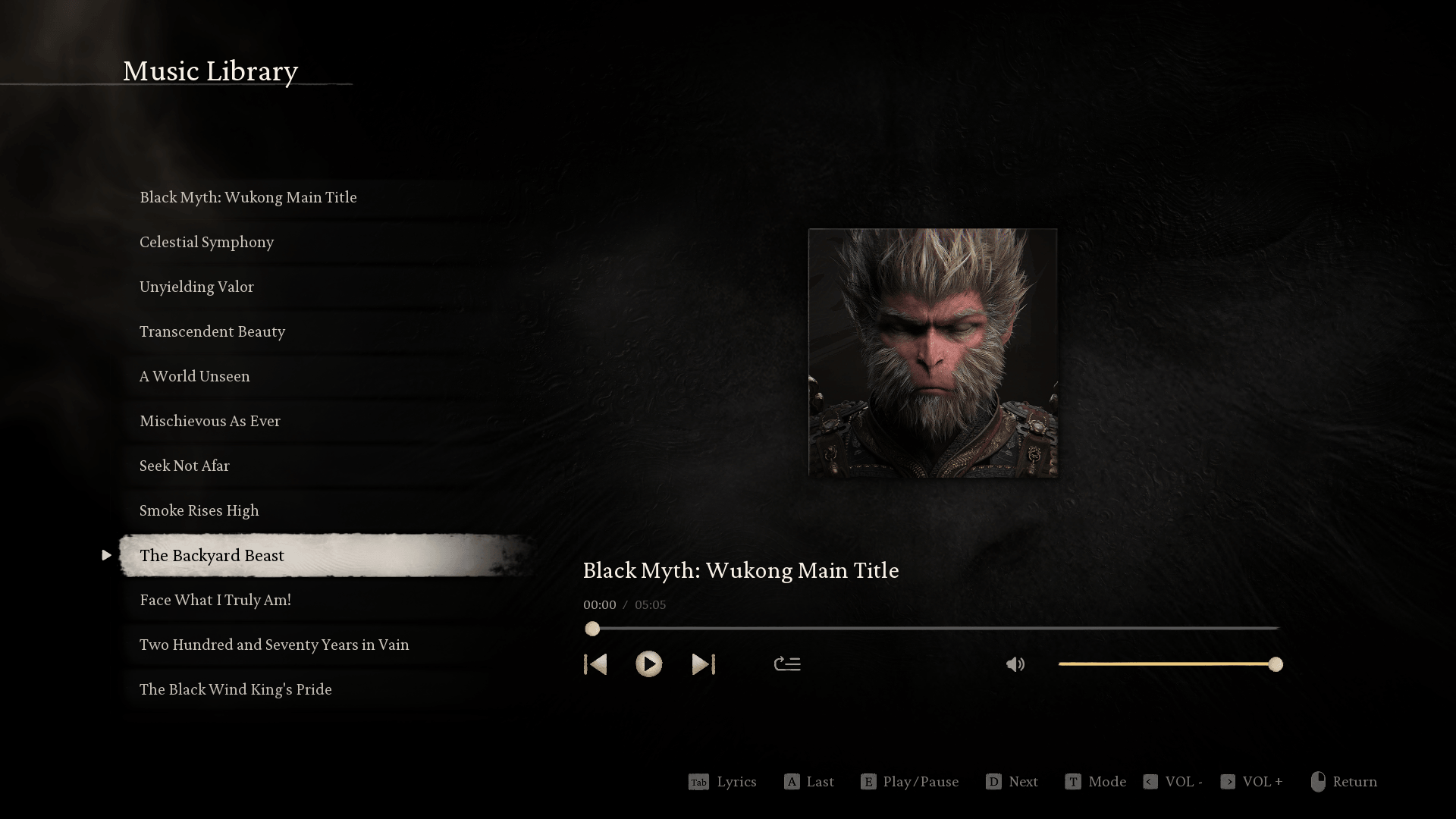 Music Library screenshot of Black Myth: Wukong video game interface.