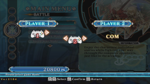 Player side selection screenshot of BLAZBLUE CENTRALFICTION video game interface.