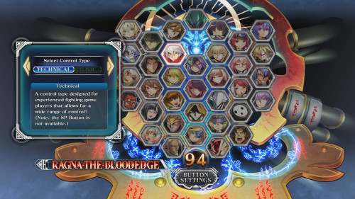 Select Control Mode screenshot of BLAZBLUE CENTRALFICTION video game interface.