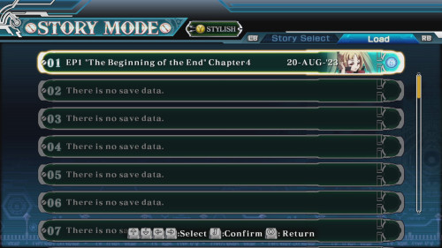 Story Mode load screenshot of BLAZBLUE CENTRALFICTION video game interface.