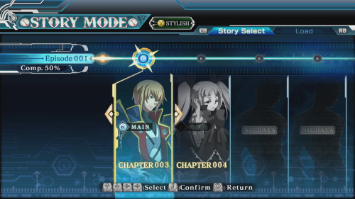 Story Mode story select screenshot of BLAZBLUE CENTRALFICTION video game interface.